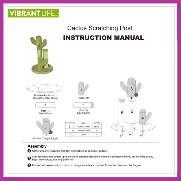 Vibrant Life Cactus 3-Arm Chenille, Sisal & Jute Cat Scratching Post with Cat Toy - Image 3