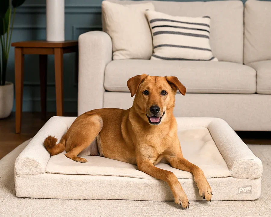 Dog resting on an organic cotton bed