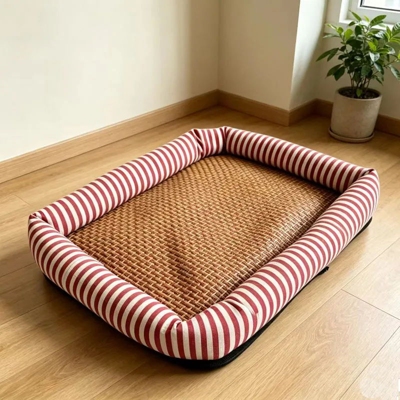 Striped Dog Bed, Cool Rattan Cat Bed for Summer, Non-Slip and Easy to Clean Pet Bed
