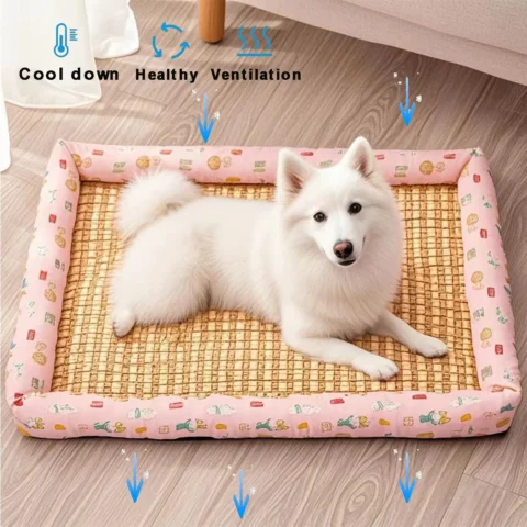 Square Summer Cooling Sleeping Dog Bed for Large Dog Cushion Spring Breathable Antislip Cat Bed Bamboo Cat Mat Pet Bed for Do