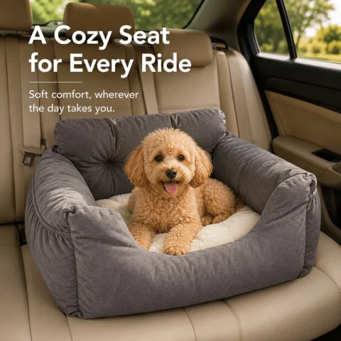 Pet Car Seat Bed for Small Dogs & Cats, Plush Dog Booster Travel Bed with Built-in Tether, Adjustable Car Strap, Soft Supportive Pet Bed for Back Seat, 55 x 50 x 35 cm