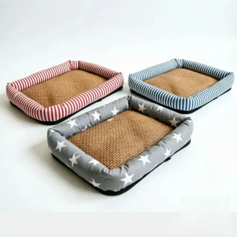 Striped Dog Bed, Cool Rattan Cat Bed for Summer, Non-Slip and Easy to Clean Pet Bed