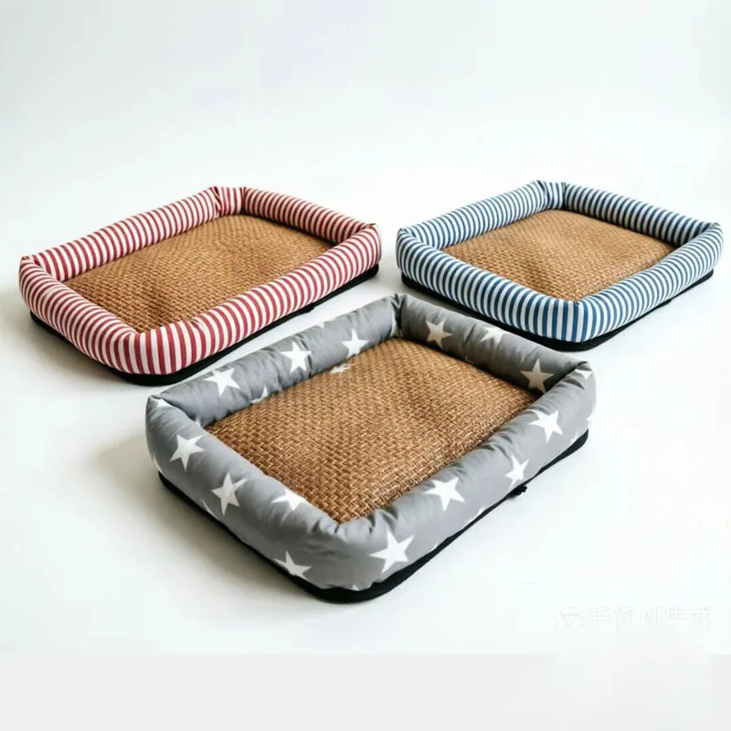 Striped Dog Bed, Cool Rattan Cat Bed for Summer, Non-Slip and Easy to Clean Pet Bed