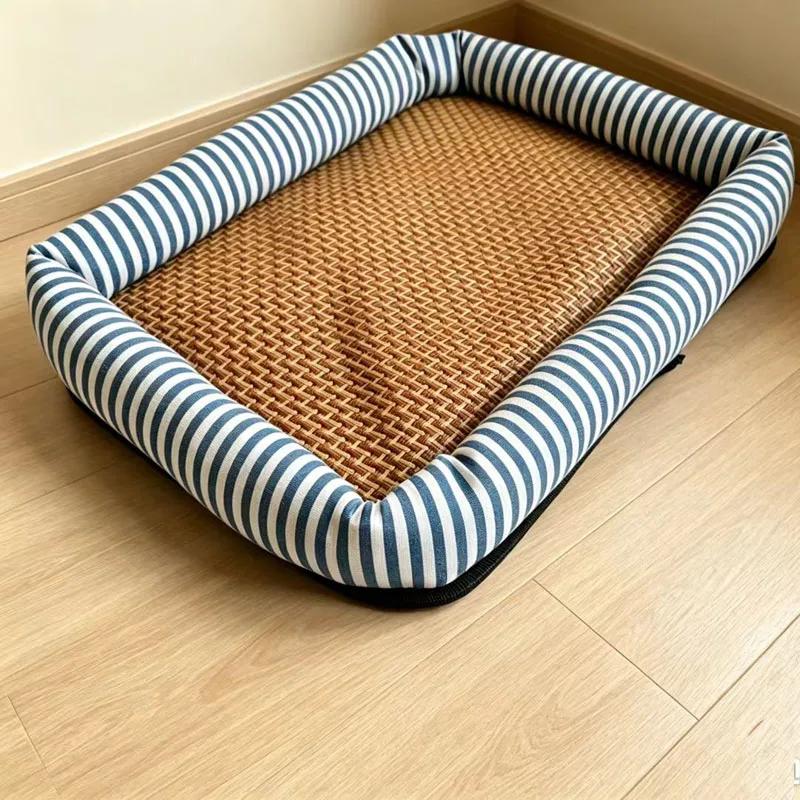 Striped Dog Bed, Cool Rattan Cat Bed for Summer, Non-Slip and Easy to Clean Pet Bed
