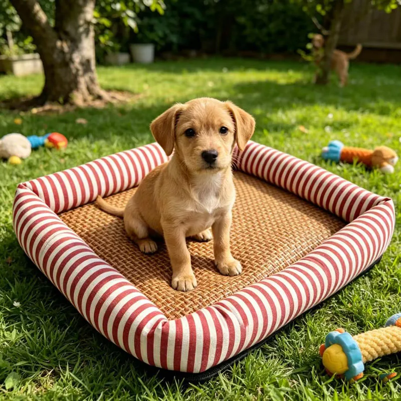Striped Dog Bed, Cool Rattan Cat Bed for Summer, Non-Slip and Easy to Clean Pet Bed