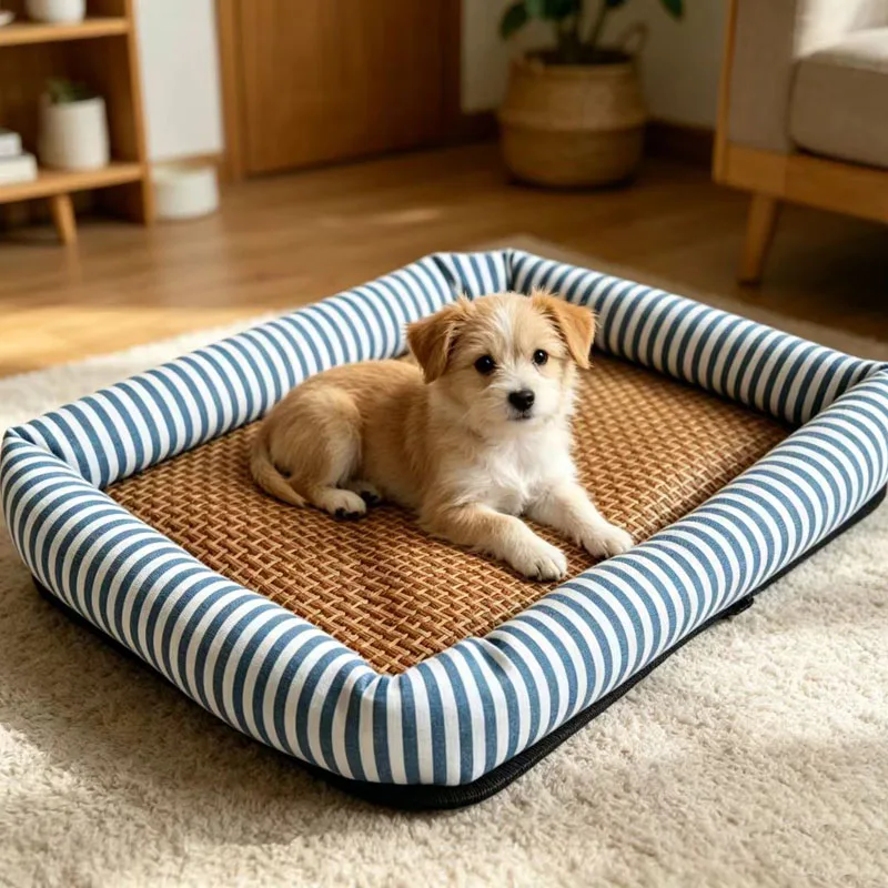 Striped Dog Bed, Cool Rattan Cat Bed for Summer, Non-Slip and Easy to Clean Pet Bed