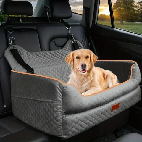 Dog Car Seat Booster Cushion with Memory Foam - Secure Strap Installation, Thick Padding & Storage Bag - Heavy-Duty Travel Be