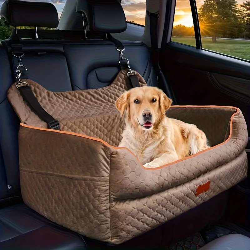 Dog Car Seat Booster Cushion with Memory Foam - Secure Strap Installation, Thick Padding & Storage Bag - Heavy-Duty Travel Be