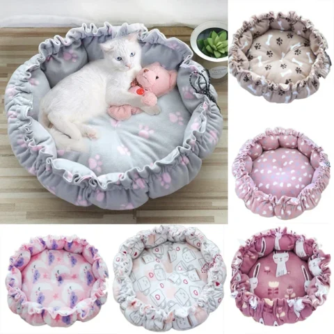 Soft Cat Bed Fluffy Adjustable Cat Cushion Round Warm Kittens Sleeping Basket Comfortable Touch Cats Mat Lightweight Pet Dog