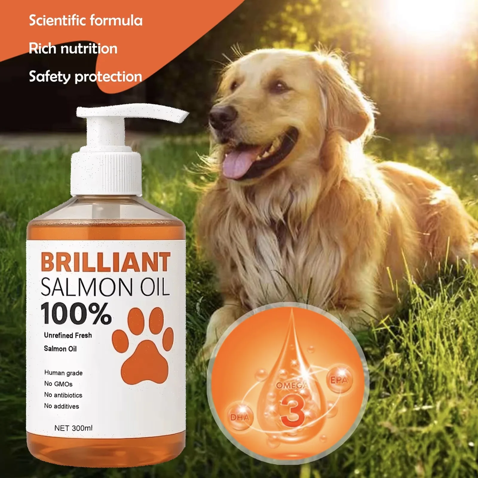 Human-Grade Salmon Oil (500ml, 300ml, 200ml 100ml) for Dogs & Cats Omega 3 Fatty Acids Supplement for Optimal Health & Nutrit