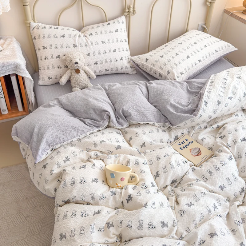 Korean Cute Dog Printed Bedding Set or Single Duvet Cover Ultra Soft Cloud Touch Seersucker Quilt Cover Aesthetic Bedroom Dec