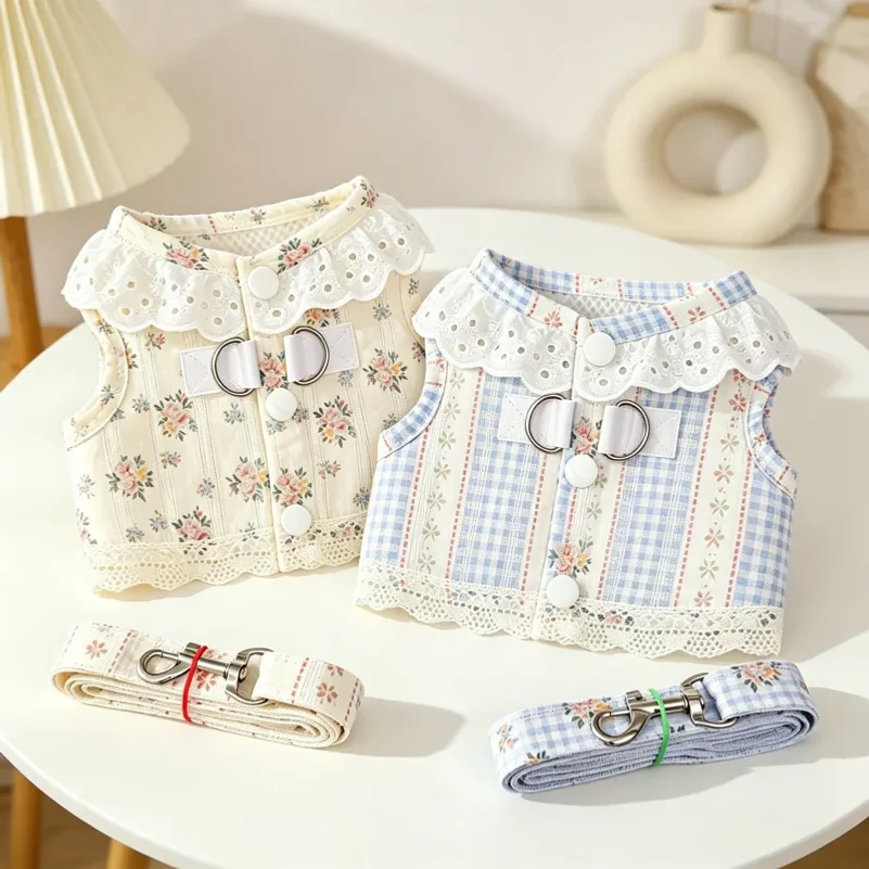 Sweet Lace Dog Harness with Rope Floral Print Pet Plaid Vest Fashion Puppy Jacket Summer Mesh Cat Harness Walking Pet Supplie