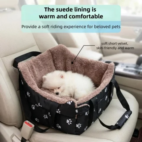 Portable Pet Car Carrier Center Console Dog Seat Safety Seat for Small Dogs Cats with Paw Print Design Pet Bed