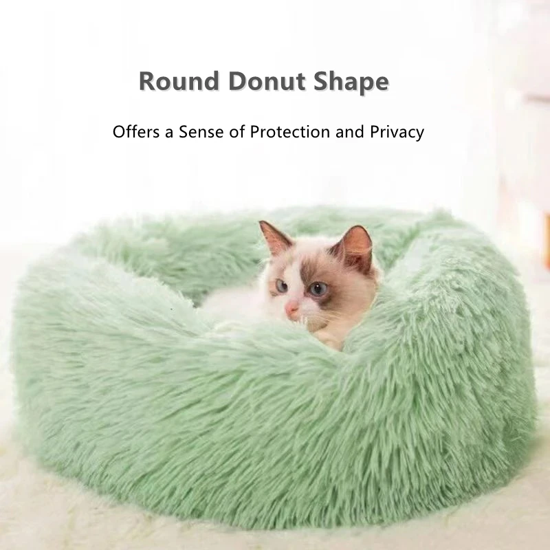 Soft Long Plush Cat House Beds Dog Calm Warm Faux Fur Bed Donut Round Comfortable Sleeping Bed Washable for Small Medium Dog
