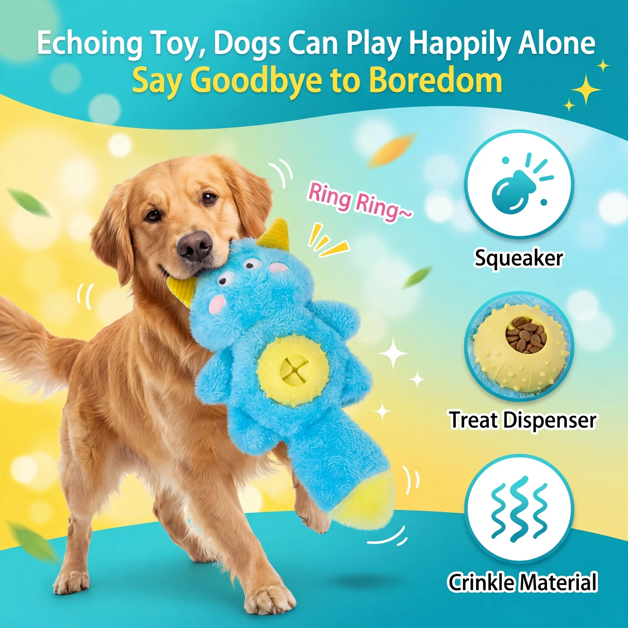 Cute Monster Plush Dog Toy, Built-in Sound Generator and Crinkle Paper, Interactive Chew Treat Dispenser for Puppies & Dogs