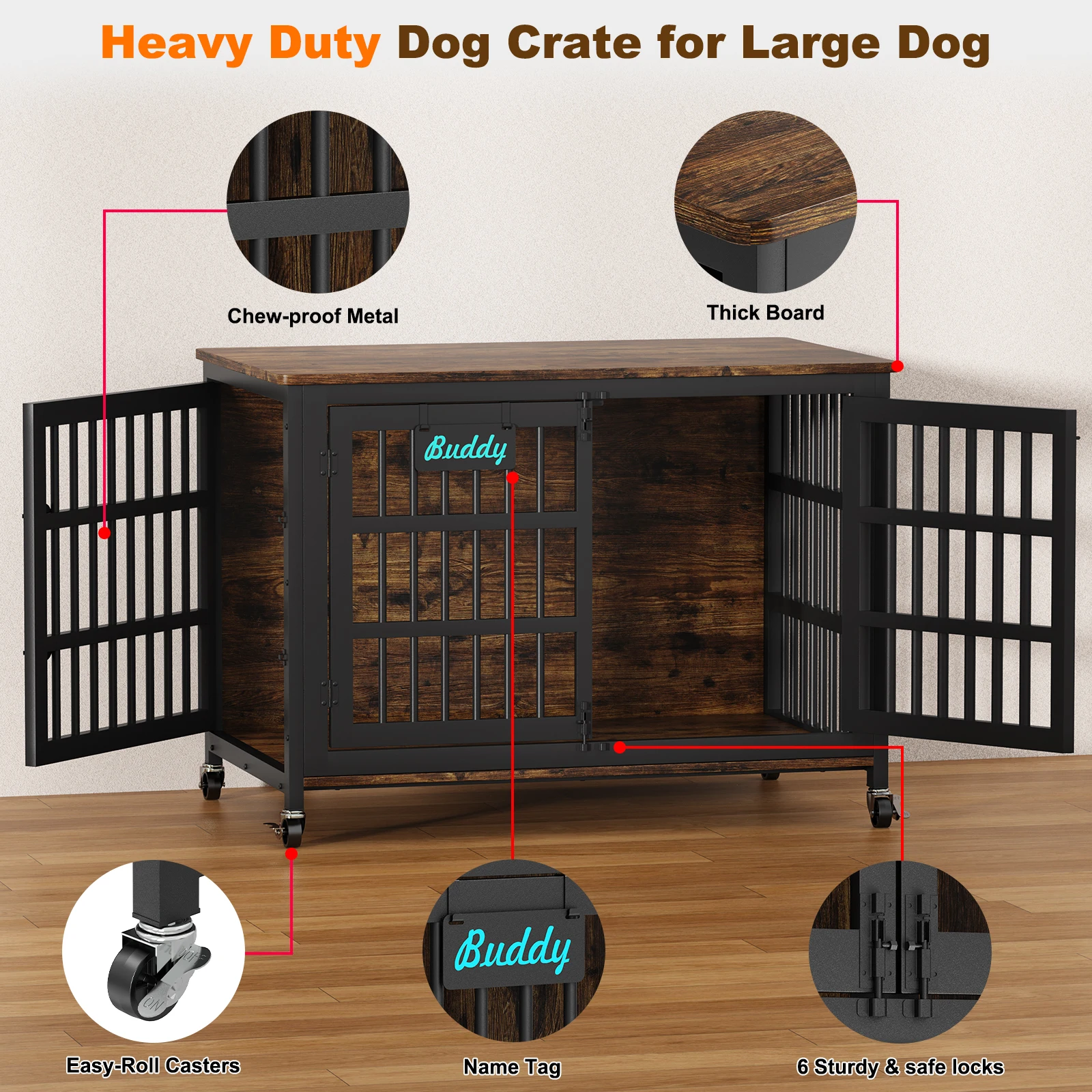 Dog Crate Furniture with Casters,Heavy Duty Dog Kennel Indoor for Large and Medium Dogs,Decorate House as TV Stand,Bedside Ta