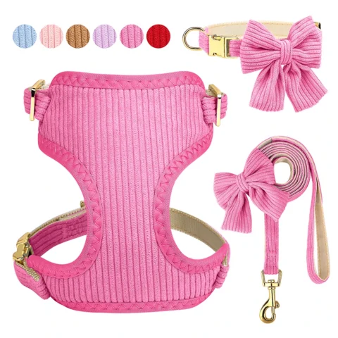 3PCS Dog Collar Harness Leash Set Breathable Dog Harnesses Soft Velvet Puppy Necklace With Bowknot Pet Walking Rope For Dogs 