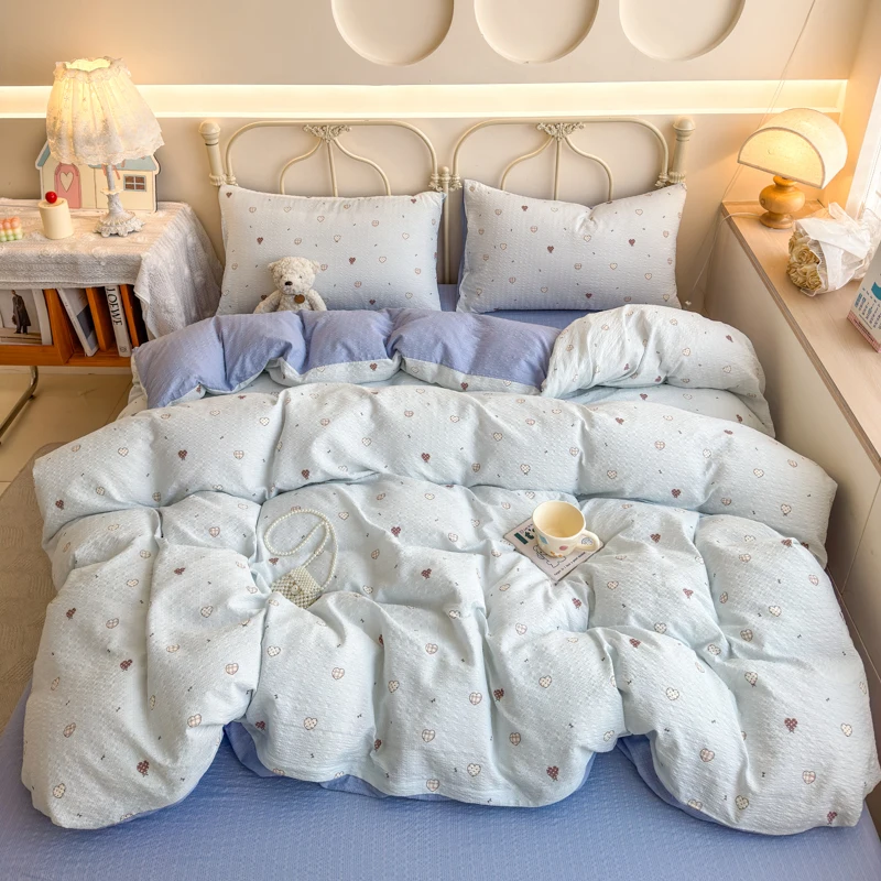 Korean Cute Dog Printed Bedding Set or Single Duvet Cover Ultra Soft Cloud Touch Seersucker Quilt Cover Aesthetic Bedroom Decor - Image 24