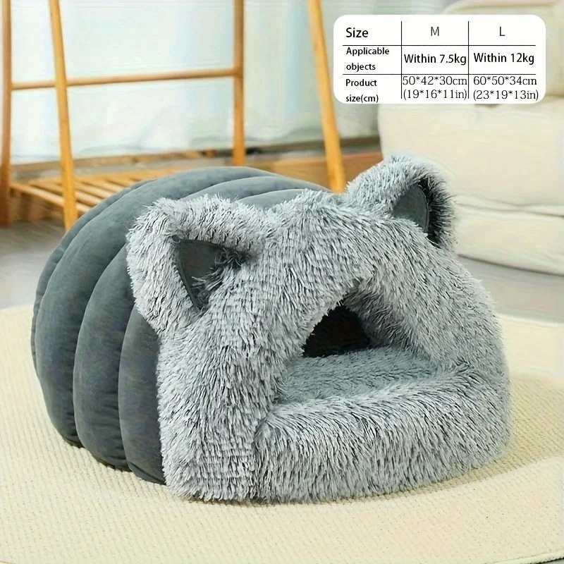 Enclosed Pet Bed Winter Warm Plush Hooded Cat Bed House with Cute Ears Indoor Nest Cave Comfort Kittens Hideaway for Small Do