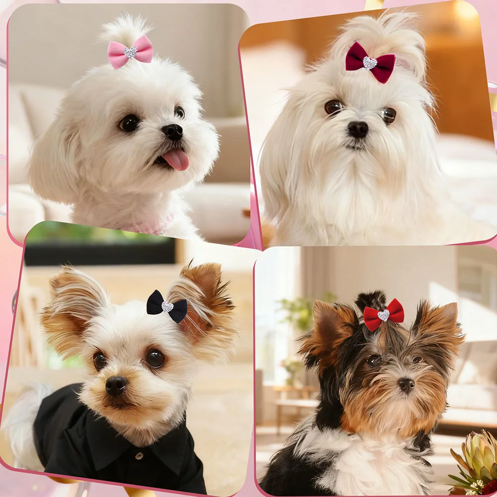 2PCS Diamonds Dog Bows With Rubber Bands Handmade Puppy Bowknots Valentine's Day Dog Hair Accessories Pet Supplies For Dogs
