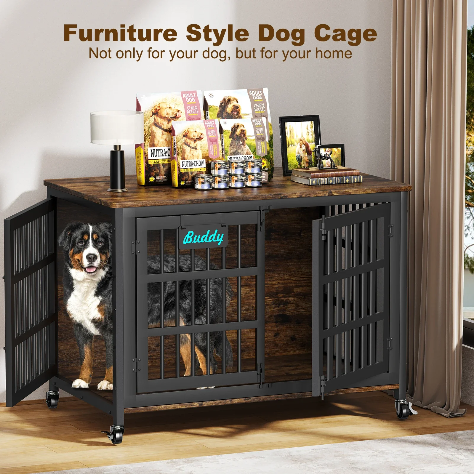 Dog Crate Furniture with Casters,Heavy Duty Dog Kennel Indoor for Large and Medium Dogs,Decorate House as TV Stand,Bedside Ta
