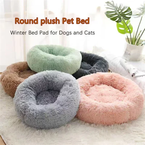 Soft Pet Cat Bed Pad Plush Warm Faux Fur Dog Calm Bed Donut Round Bed Comfortable Sleeping Washable for Small Medium Dog and 