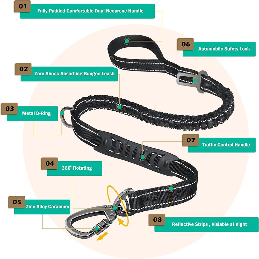 Fashion&cool Heavy Duty Dog Leash Especially Large Dogs,Reflective Dog Walking Training Shock Absorbing Bungee Car Seat Belt
