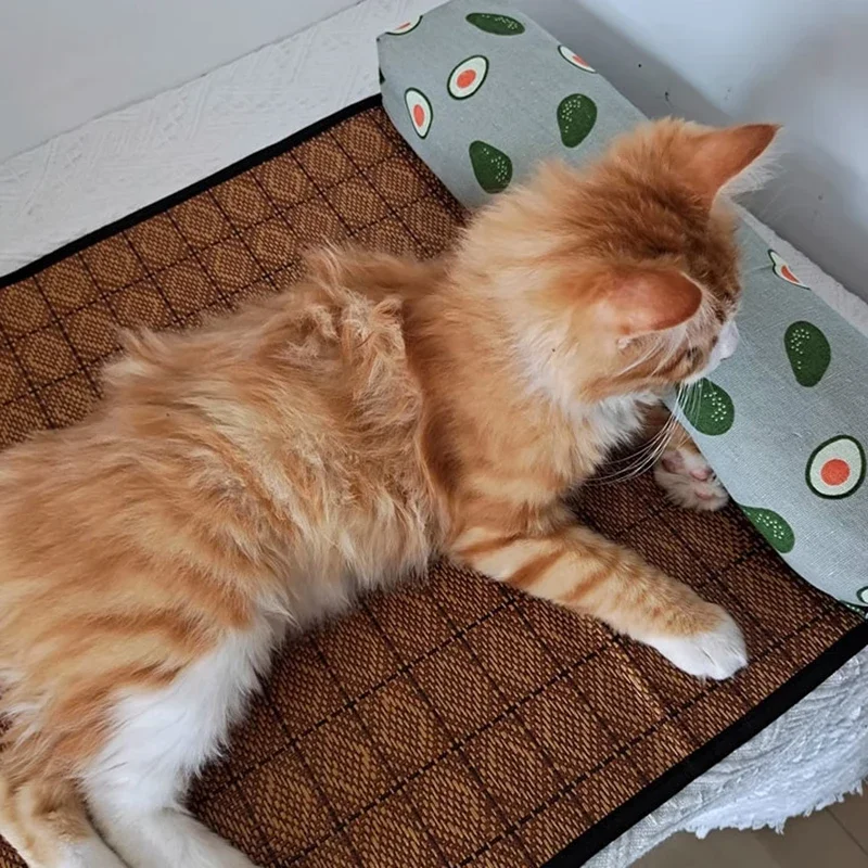 Cat Natural Cooling Mat Summer Pet Self Cooling Pad Cat Bed Mat For Dogs Indoor Rattan Weave Mat Sleeping Cat Bed