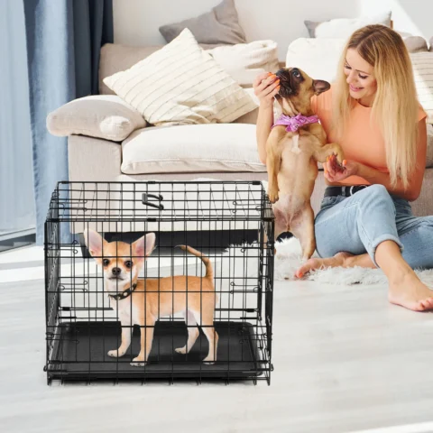 JHK Single Door 30 Inch Folding Metal Wire Dog Cage with Plastic Leak-Proof Pan Tray Extra Large Pet Kennel for Indoor Outdoo