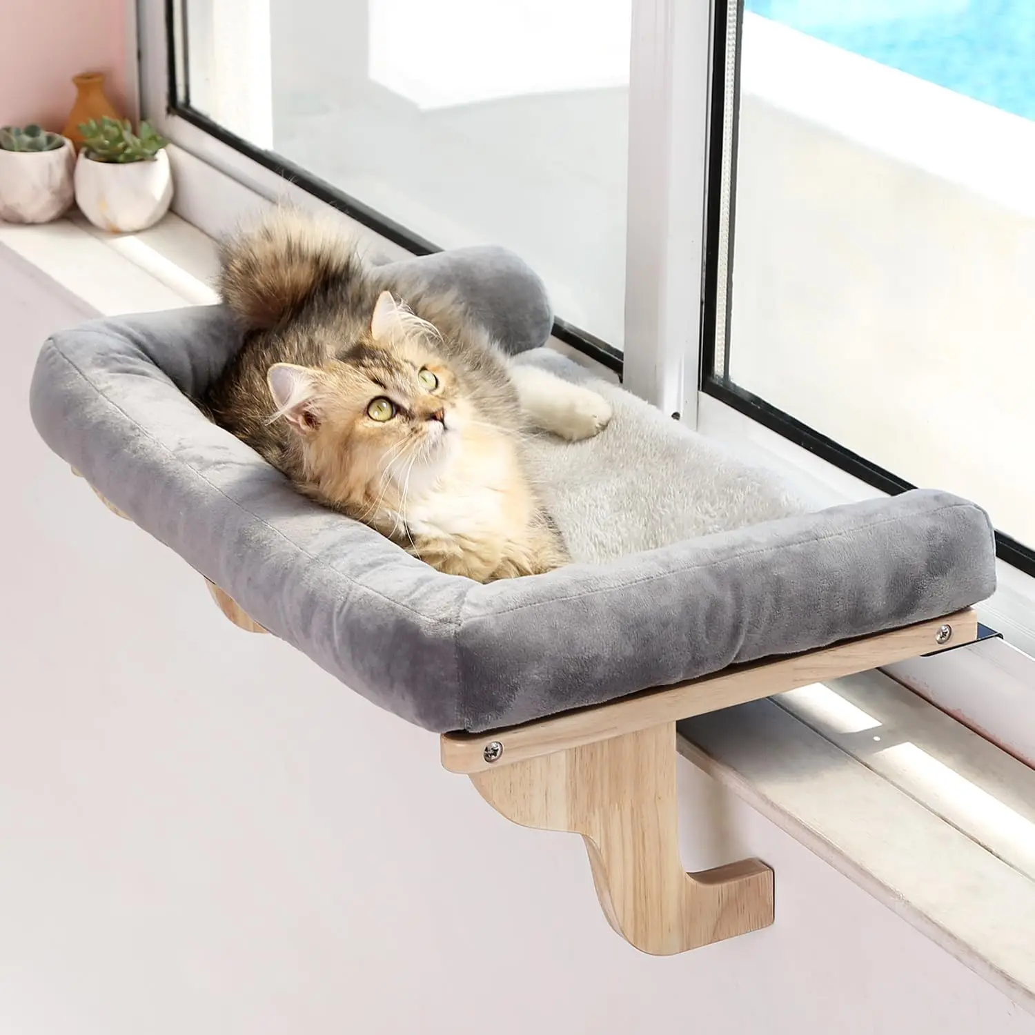 Cat Perch for Window Sill with Bolster - Orthopedic Hammock Design with Premium Hardwood & Robust Metal Frame - Cat Window Se