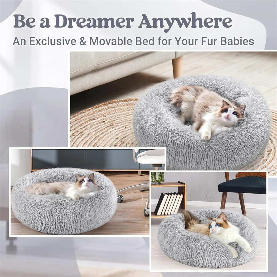 Soft Long Plush Cat House Beds Dog Calm Warm Faux Fur Bed Donut Round Comfortable Sleeping Bed Washable for Small Medium Dog