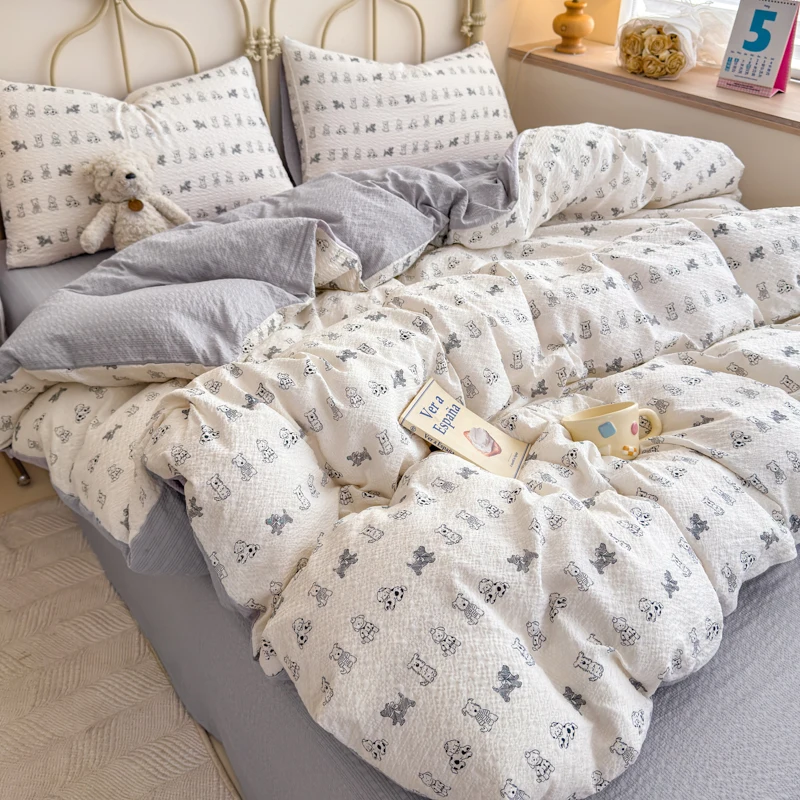 Korean Cute Dog Printed Bedding Set or Single Duvet Cover Ultra Soft Cloud Touch Seersucker Quilt Cover Aesthetic Bedroom Dec
