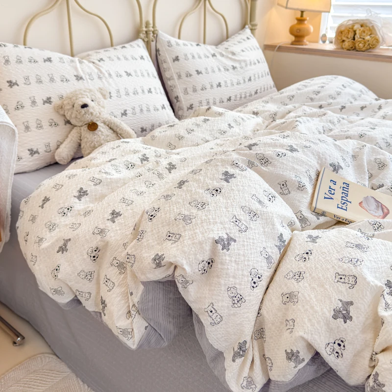 Korean Cute Dog Printed Bedding Set or Single Duvet Cover Ultra Soft Cloud Touch Seersucker Quilt Cover Aesthetic Bedroom Dec