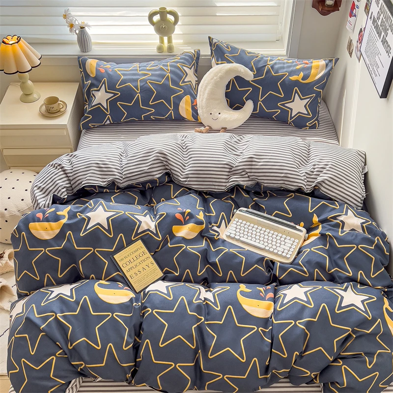 New Cute Stars Printed Bedding Set 4/3/1 Pcs Skin-friedly Breathable Duvet Covers Comfortable Durable Single Double Quilt Cover - Image 2