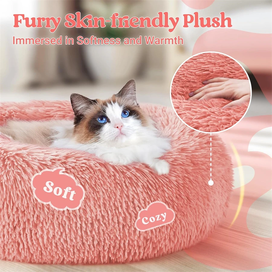 Soft Long Plush Cat House Beds Dog Calm Warm Faux Fur Bed Donut Round Comfortable Sleeping Bed Washable for Small Medium Dog