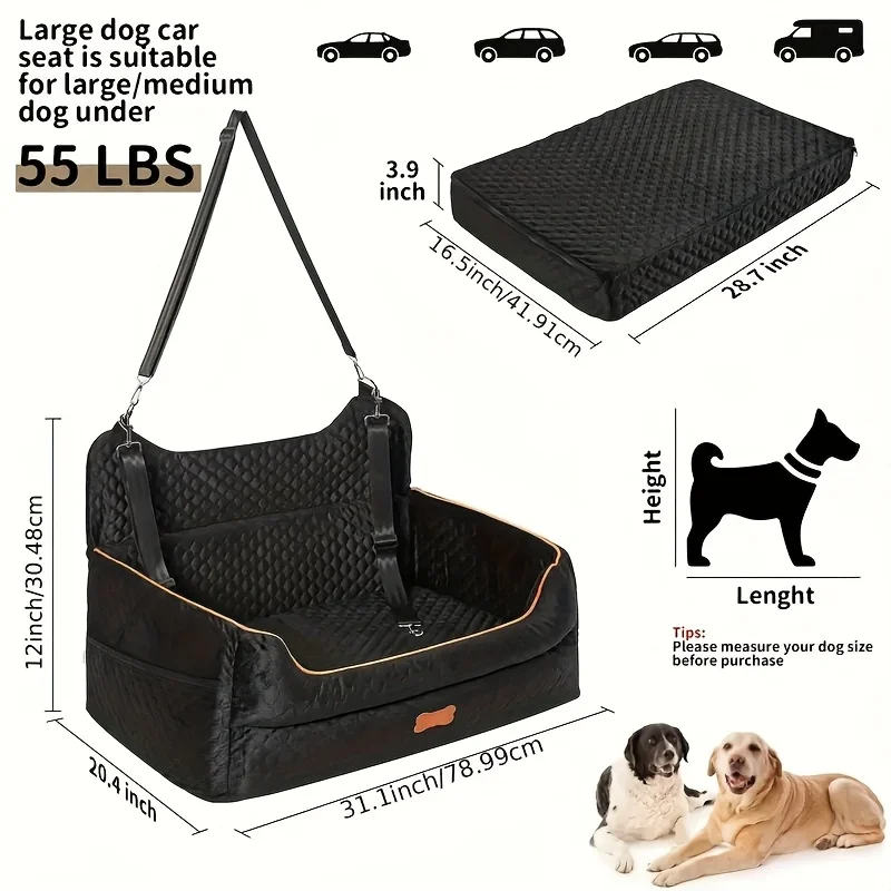 Dog Car Seat Booster Cushion with Memory Foam - Secure Strap Installation, Thick Padding & Storage Bag - Heavy-Duty Travel Be