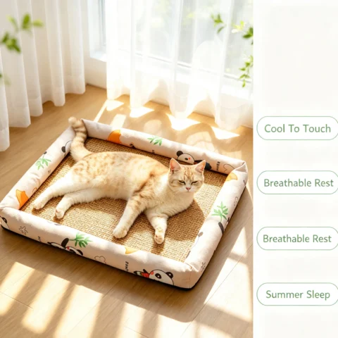 Cooling Pet Bed for Small Dogs & Cats - Rattan Weave Mat with Cute Print Border, Easy to Clean & Store