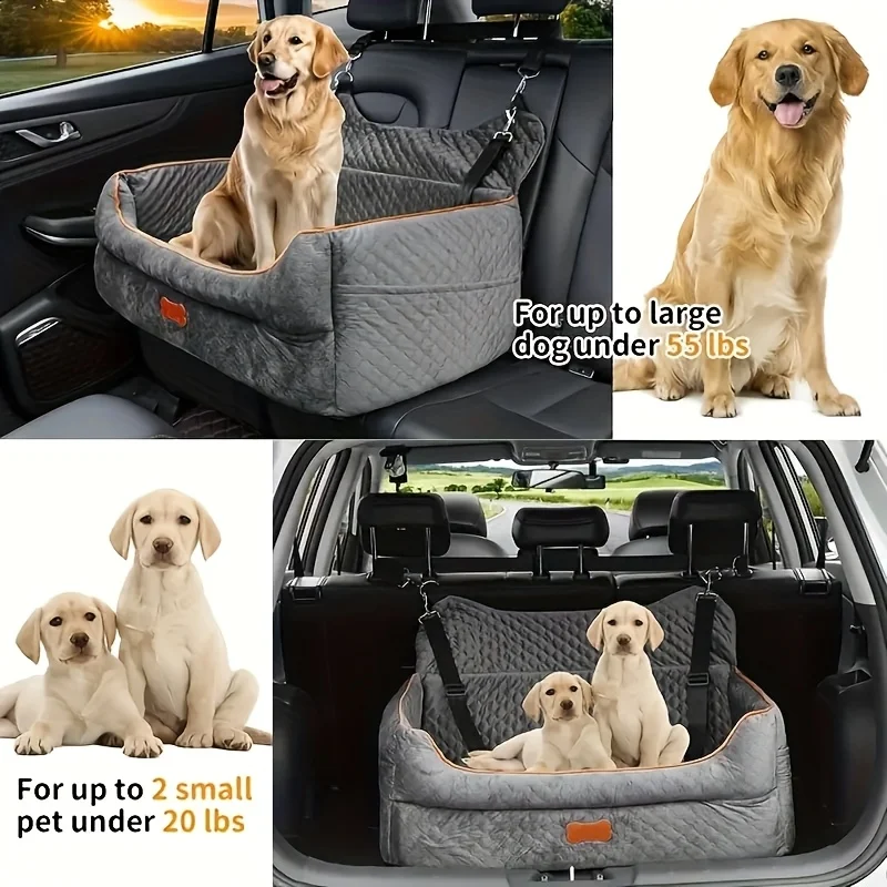 Dog Car Seat Booster Cushion with Memory Foam - Secure Strap Installation, Thick Padding & Storage Bag - Heavy-Duty Travel Be