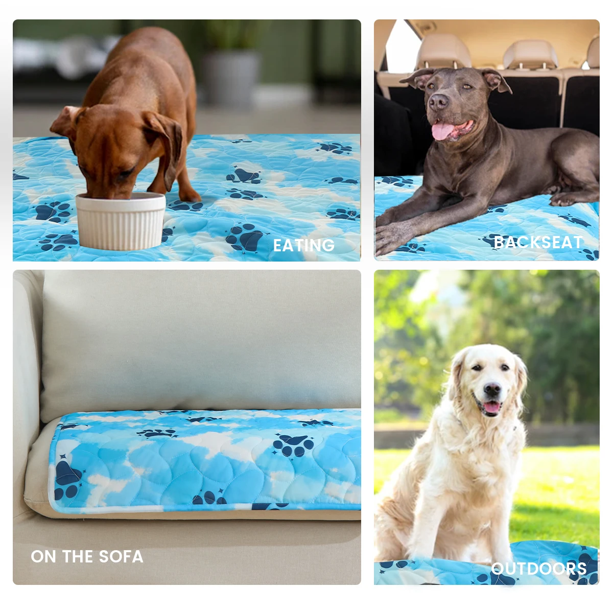 TexStead Blue Paw Print Cooling Mat for Dogs & Cats, Breathable Washable Pet Bed Cover with Non-Slip Backing, Summer Anti-Fou