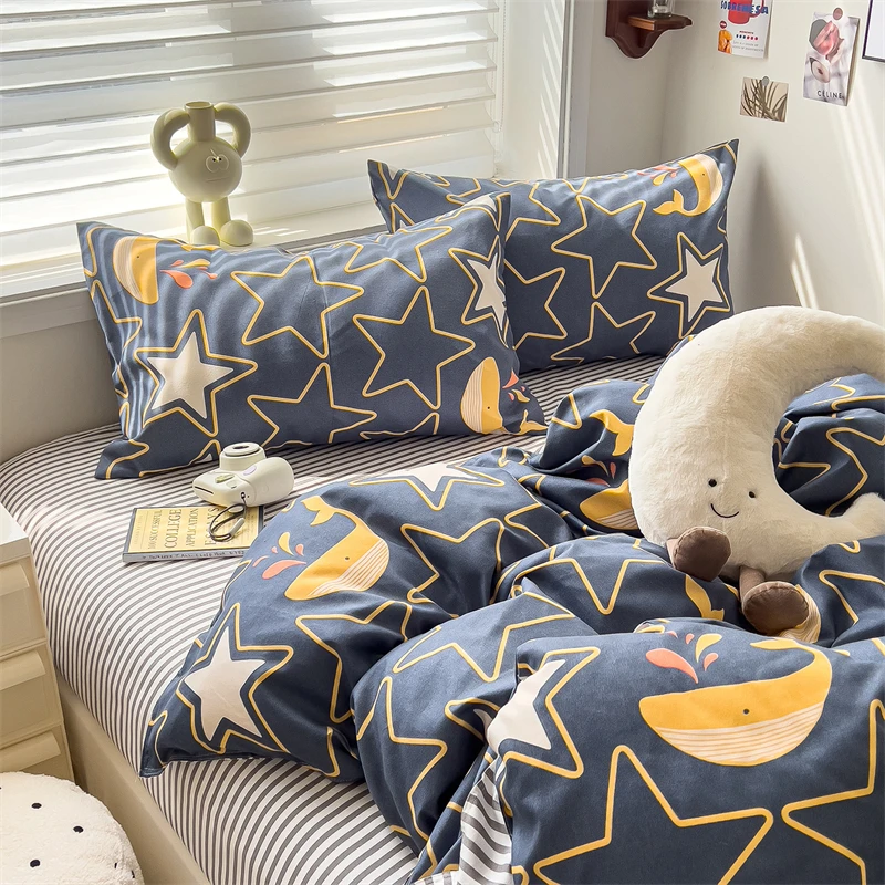 New Cute Stars Printed Bedding Set 4/3/1 Pcs Skin-friedly Breathable Duvet Covers Comfortable Durable Single Double Quilt Cov