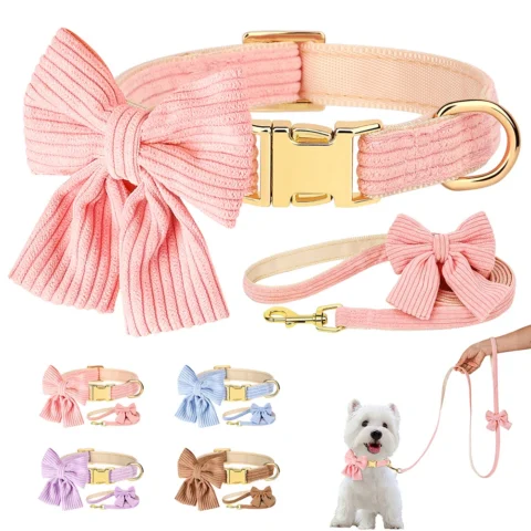 Cute Dog Collar Leash Set With Bowknot Soft Velvet Puppy Dogs Collars Outdoor Pet Walking Lead For Small Medium Dogs Chihuahu