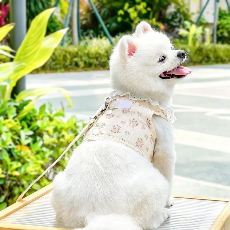 Sweet Lace Dog Harness with Rope Floral Print Pet Plaid Vest Fashion Puppy Jacket Summer Mesh Cat Harness Walking Pet Supplie
