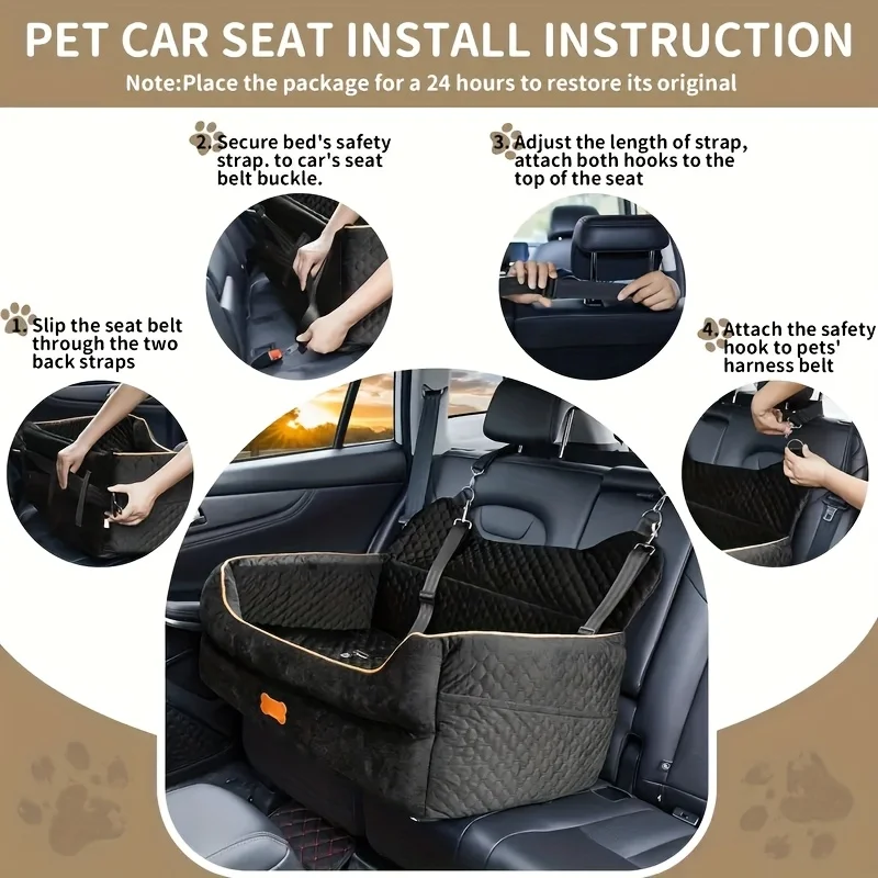 Dog Car Seat Booster Cushion with Memory Foam - Secure Strap Installation, Thick Padding & Storage Bag - Heavy-Duty Travel Be