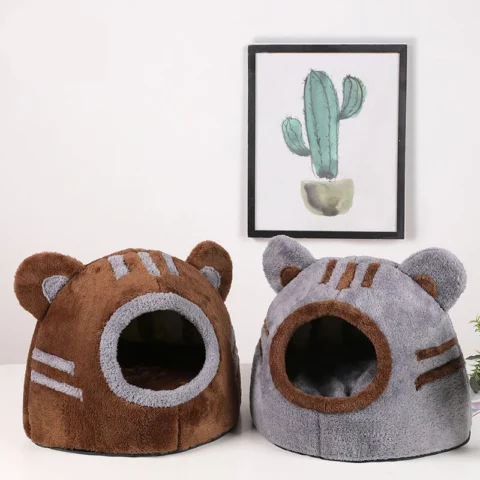 Winter Deep Sleep Comfort Cat Bed Cute Bear Head Shape Nest Pets Tent Cozy Cave for Cats House Soft And Self Warming Kitten B