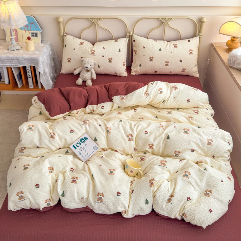 Korean Cute Dog Printed Bedding Set or Single Duvet Cover Ultra Soft Cloud Touch Seersucker Quilt Cover Aesthetic Bedroom Decor - Image 13