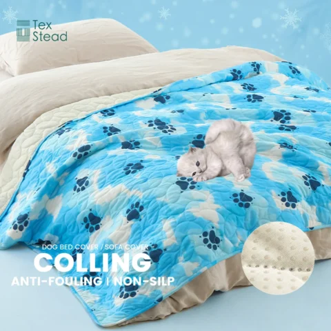 TexStead Blue Paw Print Cooling Mat for Dogs & Cats, Breathable Washable Pet Bed Cover with Non-Slip Backing, Summer Anti-Fou