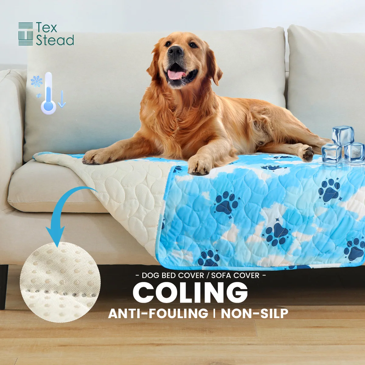 TexStead Blue Paw Print Cooling Mat for Dogs & Cats, Breathable Washable Pet Bed Cover with Non-Slip Backing, Summer Anti-Fou