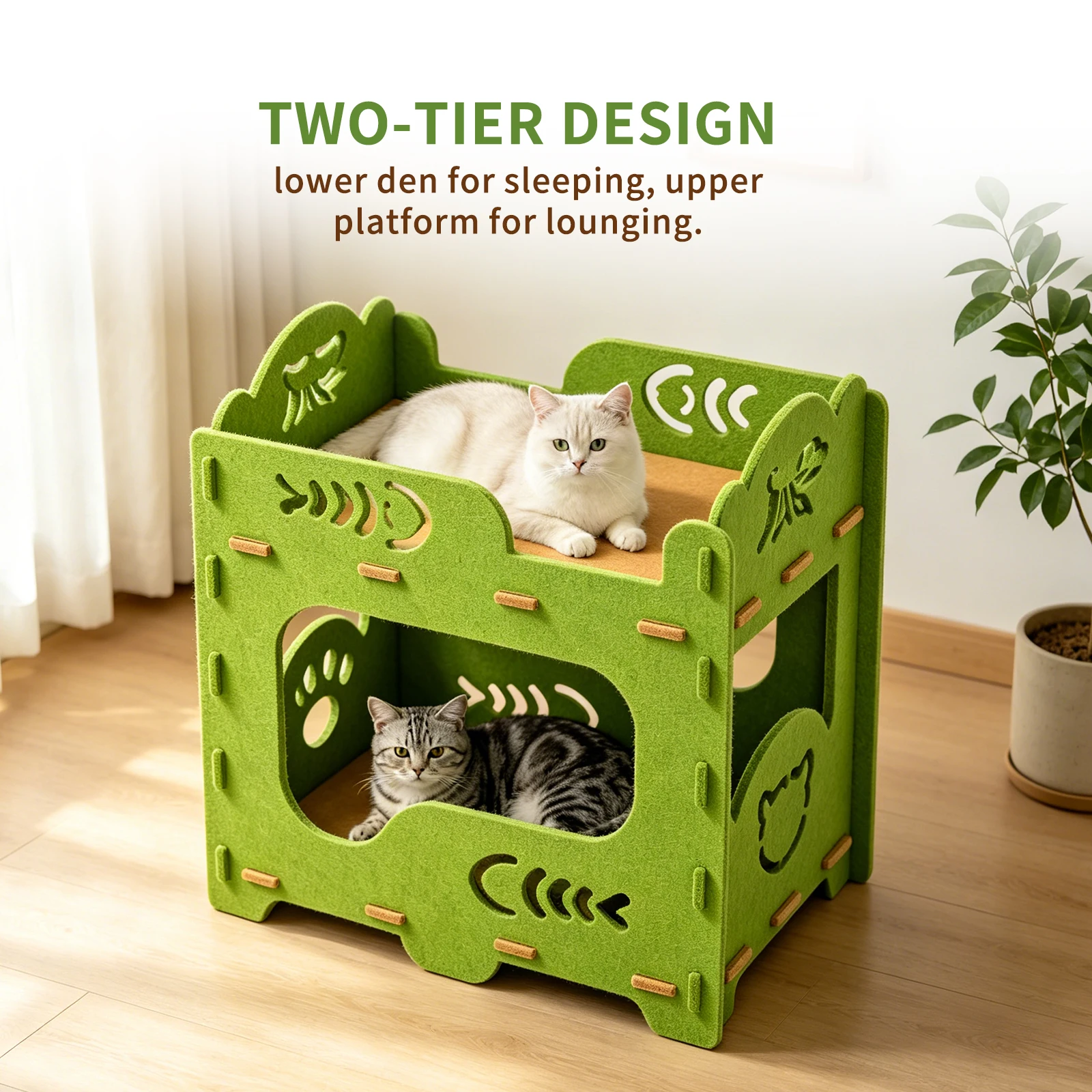 2-Tier Stackable Felt Cat House for Indoor Cats, Detachable Splicing Cat Cave Condo with Hollow Cutout Design, Multi-Layer In