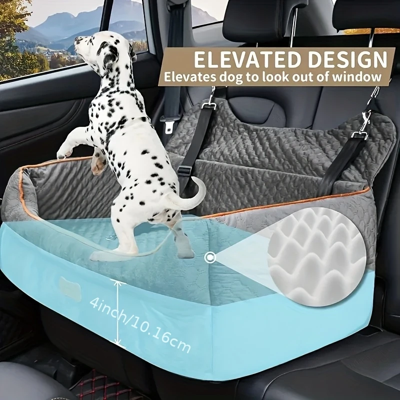 Dog Car Seat Booster Cushion with Memory Foam - Secure Strap Installation, Thick Padding & Storage Bag - Heavy-Duty Travel Be