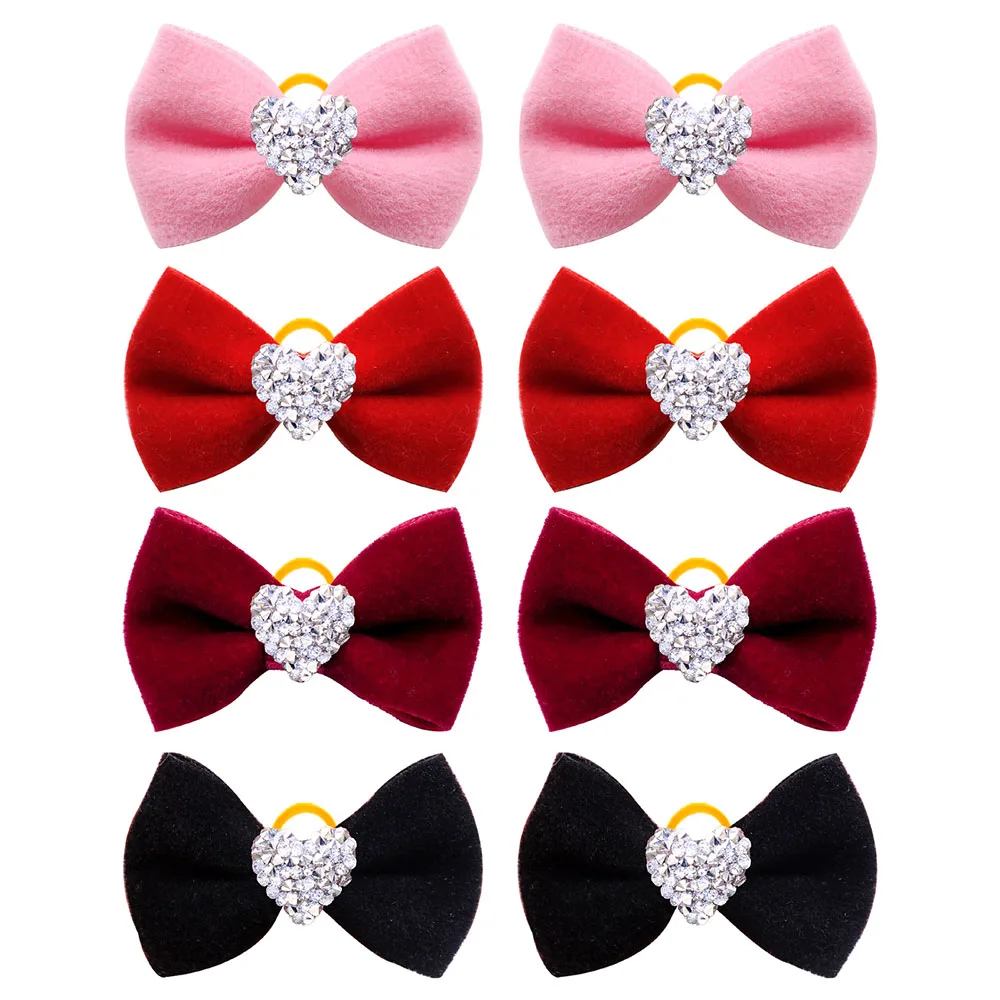 2PCS Diamonds Dog Bows With Rubber Bands Handmade Puppy Bowknots Valentine's Day Dog Hair Accessories Pet Supplies For Dogs